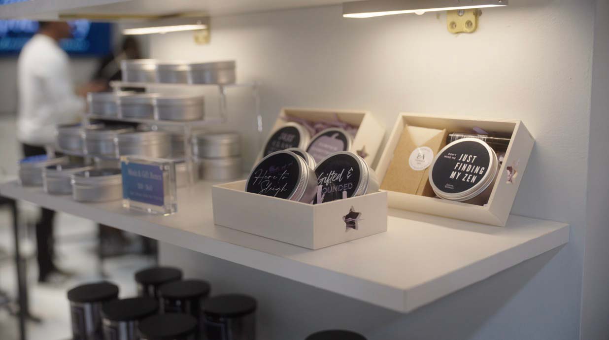Candles on a shelf.