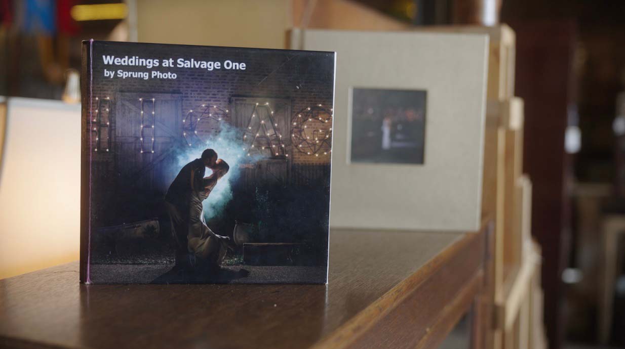 Photo book of weddings at Salvage One.