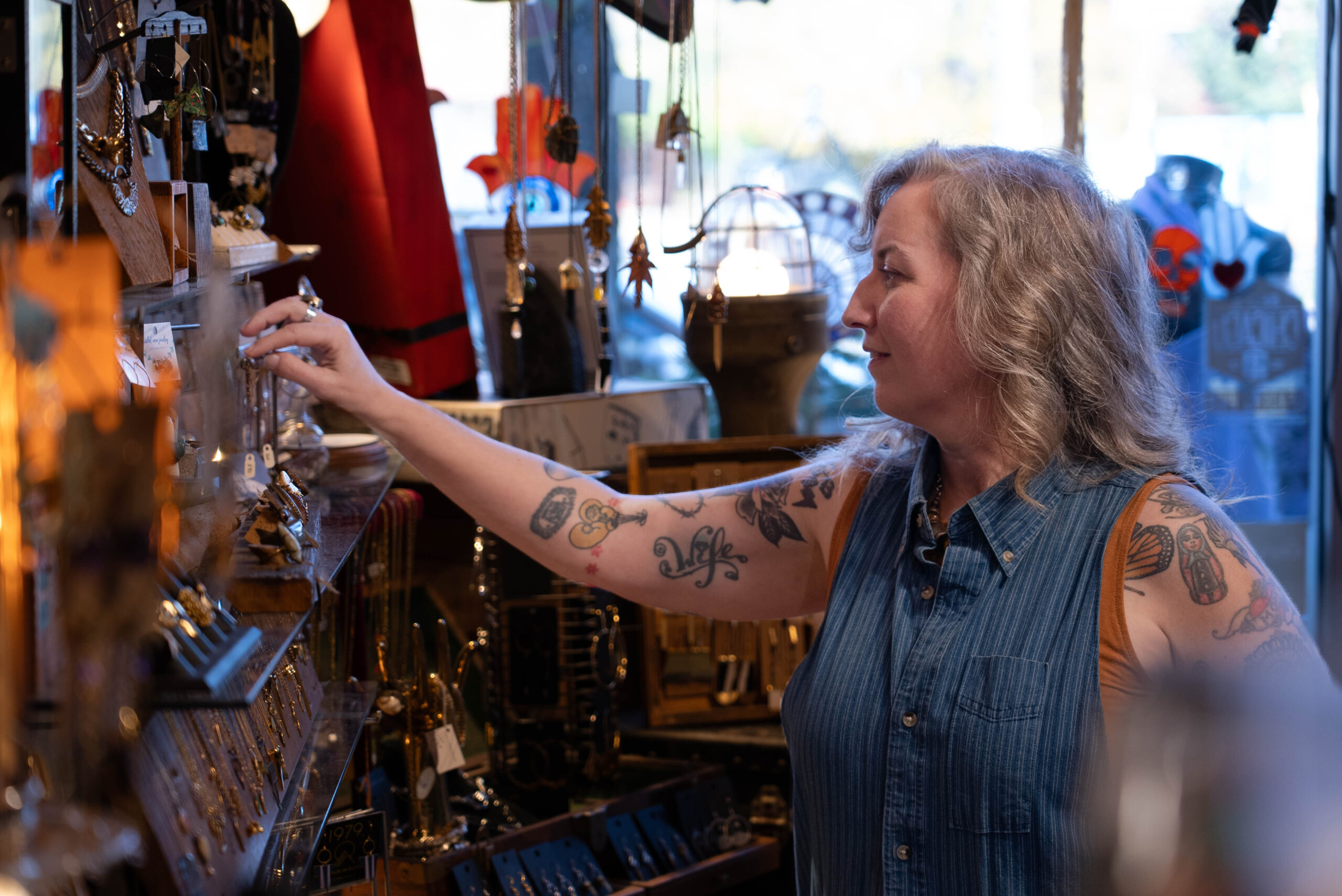 Co-owner Shirley Kienitz checking on the goods in store.