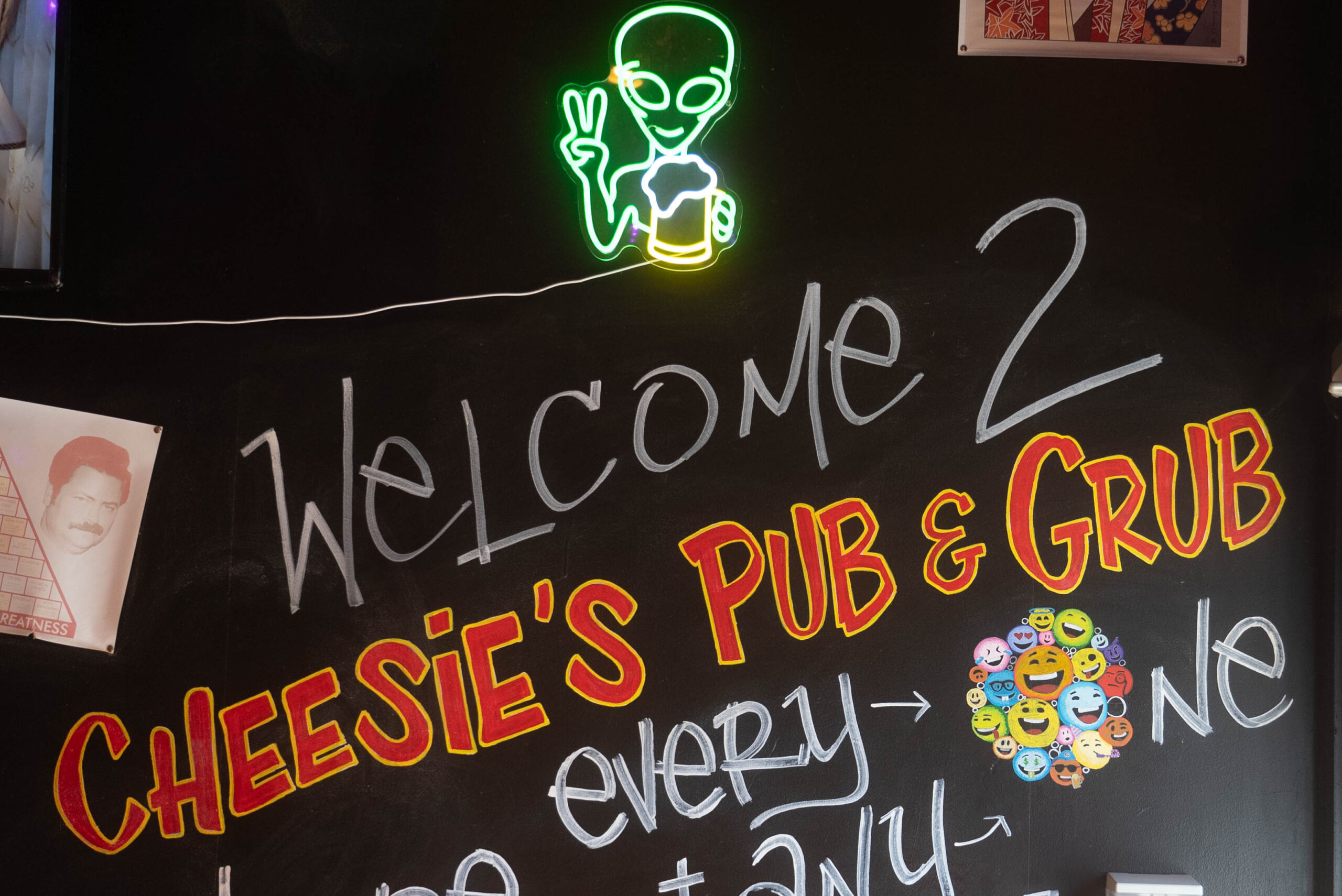 Cheesie's wall with welcoming words: Welcome 2 CHEESIE'S PUB & GRUB